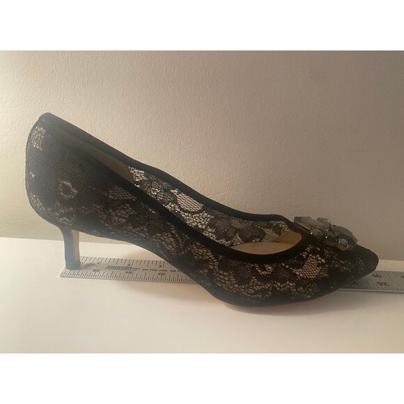 LK BENNETT HEELS 39.5 40 KITTEN BLACK LACE NUDE JULIET SUEDE JEWEL EMBELLISHMENT - Picture 13 of 16